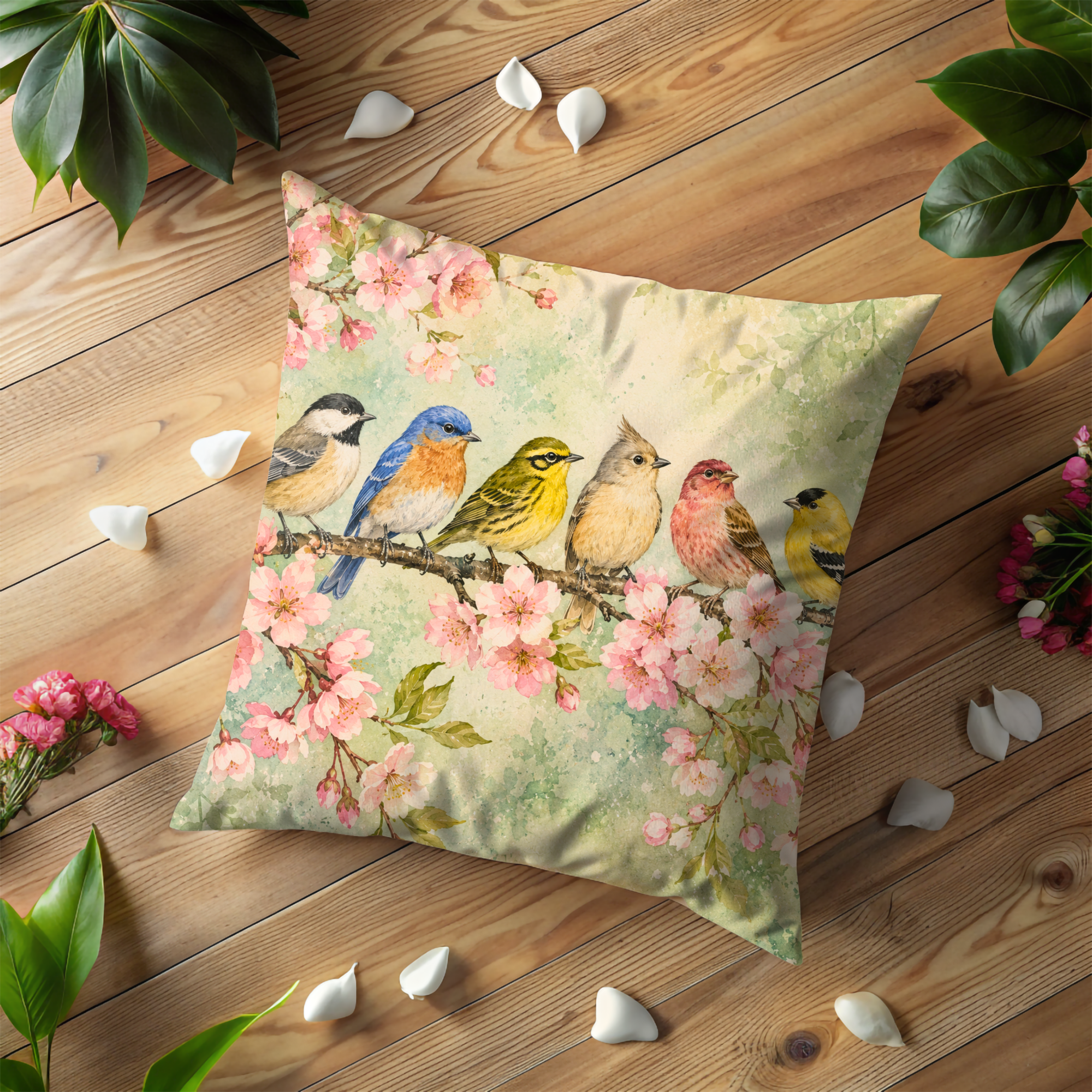 Cherry Blossom Birds Pillow Cover | Spring Nature Art | Gold Crackle Decor