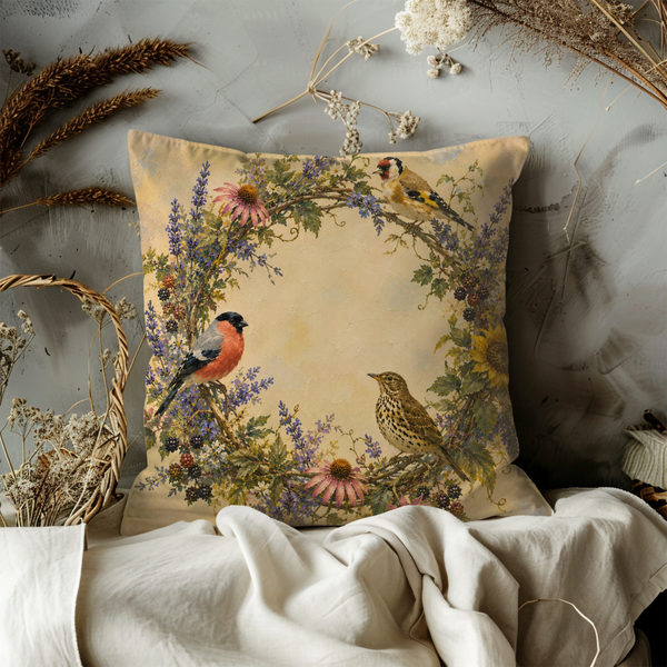 Wild Birds Floral Pillow Cover – Garden Nature Art | Gold Crackle Decor