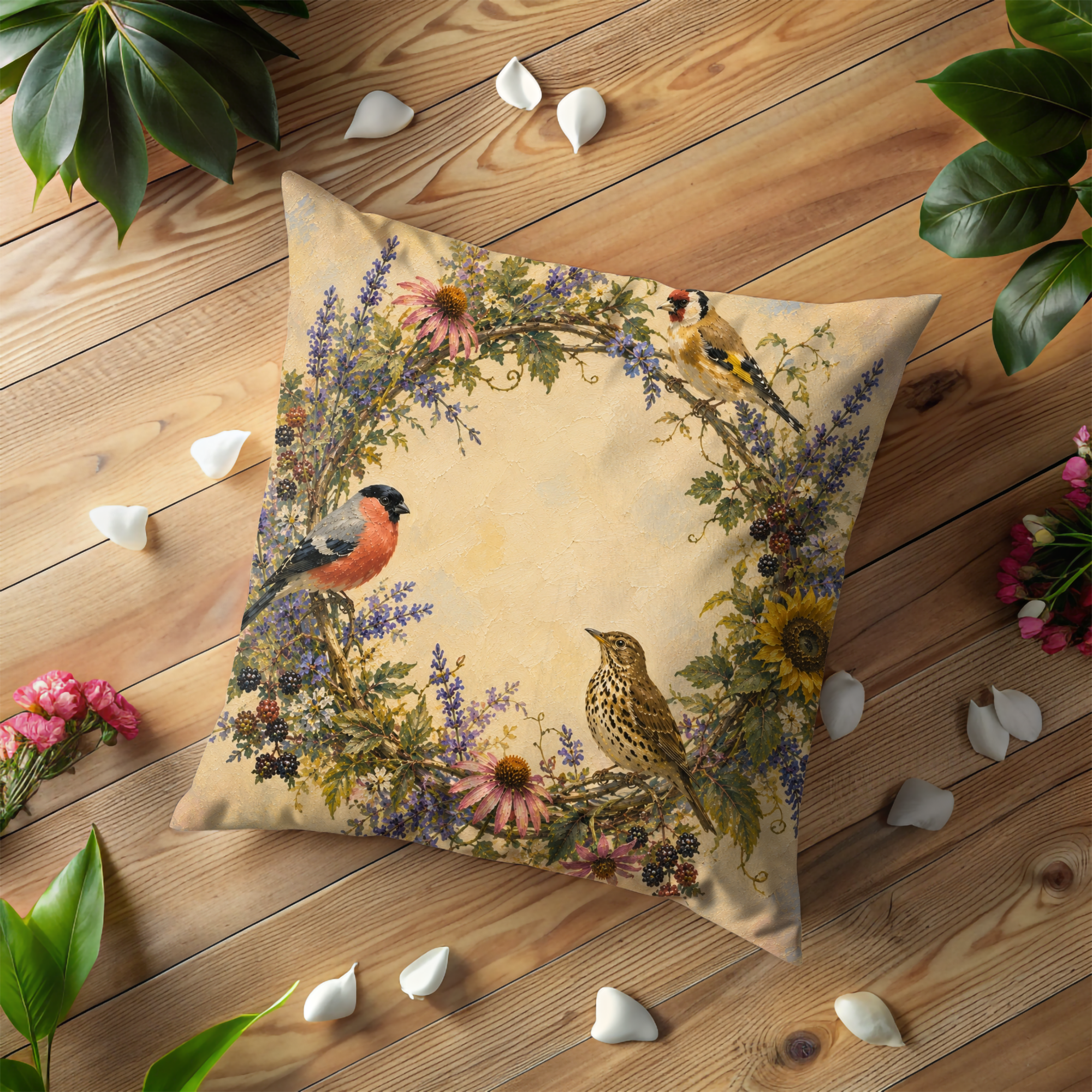 Wild Birds Floral Pillow Cover | Garden Nature Art | Gold Crackle Decor