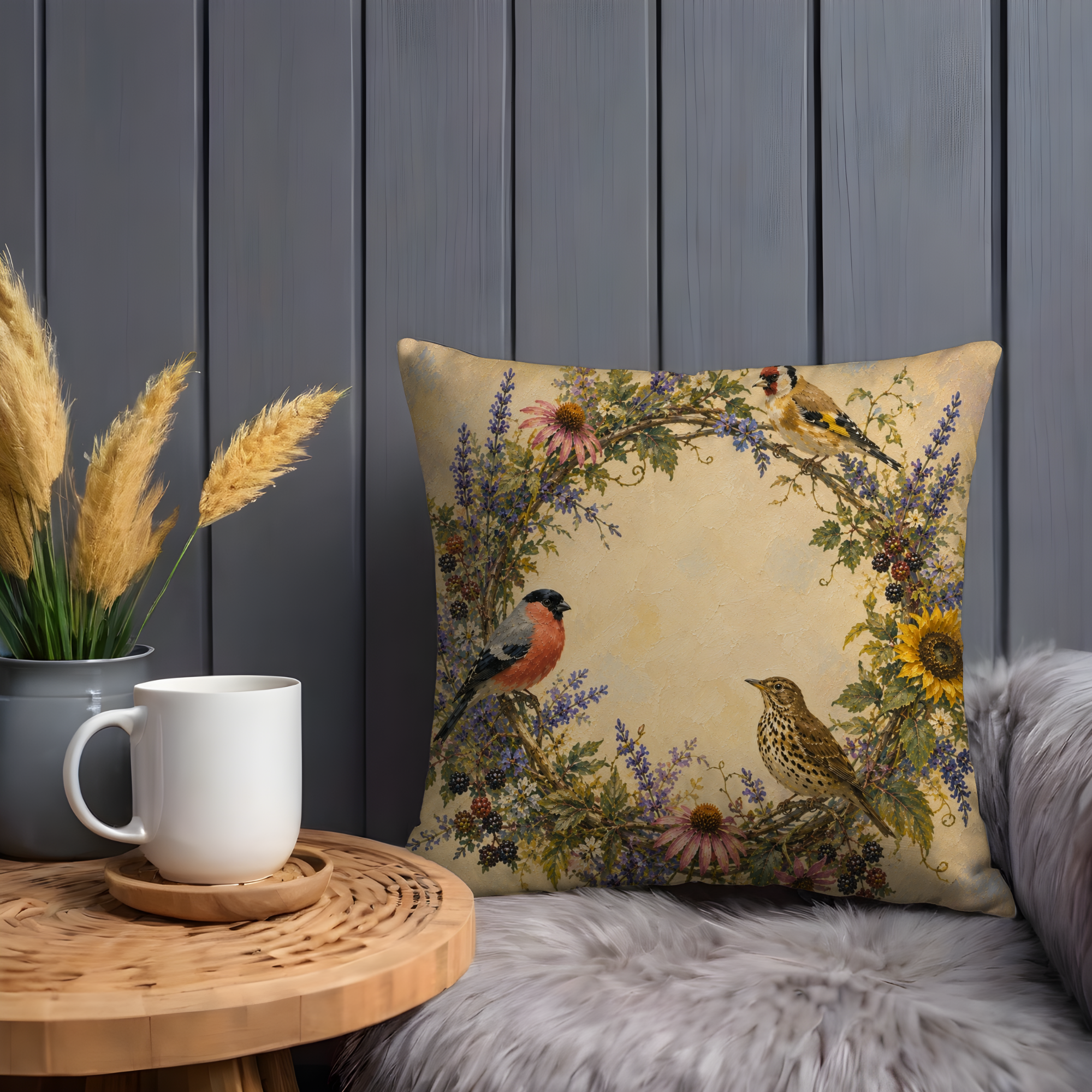 Wild Birds Floral Pillow Cover | Garden Nature Art | Gold Crackle Decor