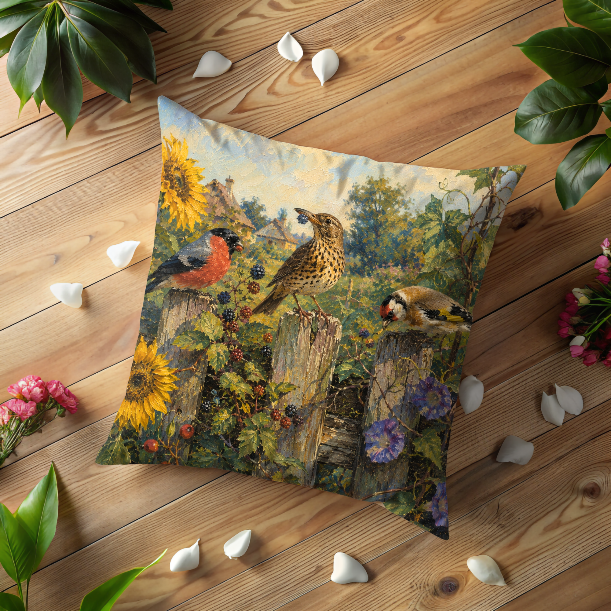 Garden Birds Pillow Cover | Countryside Wildlife Art | Gold Crackle Decor