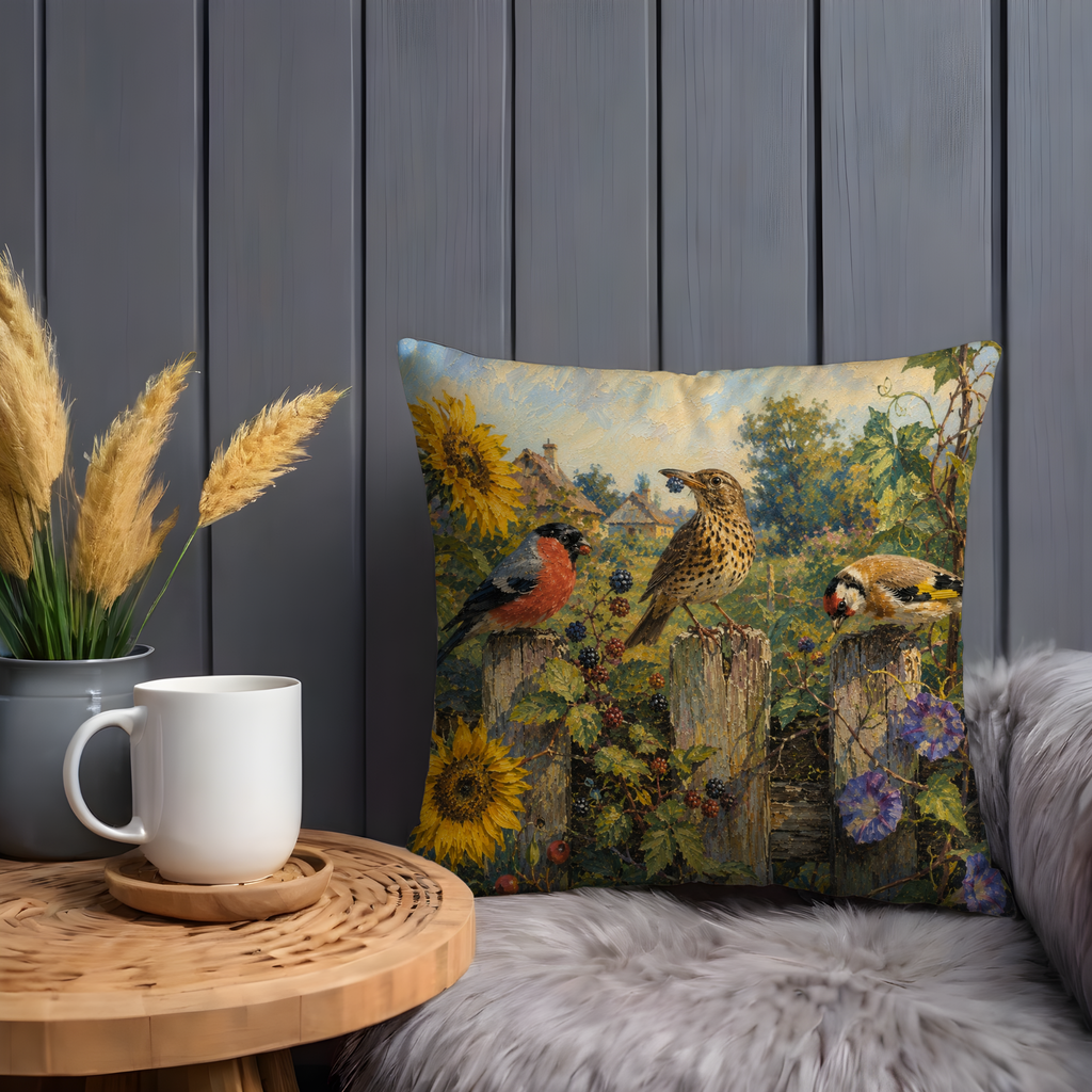 Garden Birds Pillow Cover | Countryside Wildlife Art | Gold Crackle Decor