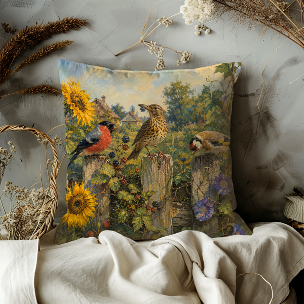 Garden Birds Pillow Cover – Countryside Wildlife Art | Gold Crackle Decor