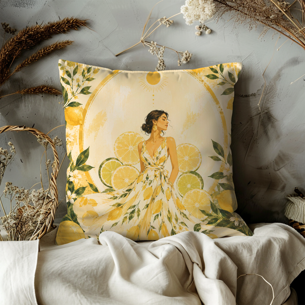 Lemon Grove Goddess Pillow Cover – Citrus Elegance Art | Gold Crackle Decor