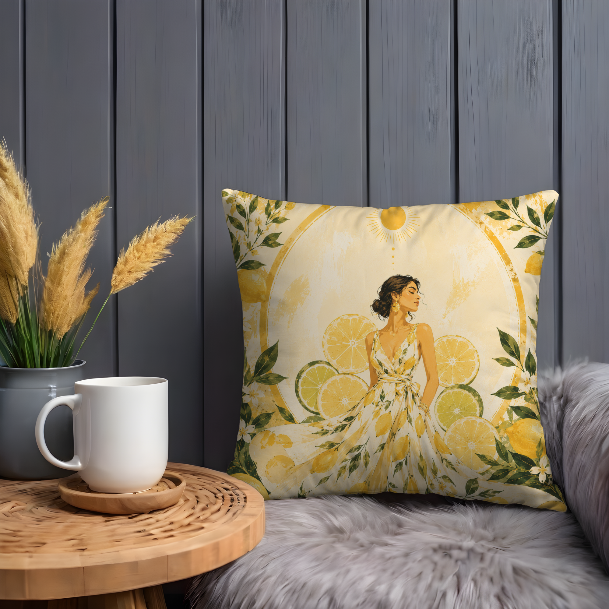 Lemon Grove Goddess Pillow Cover | Citrus Elegance Art | Gold Crackle Decor