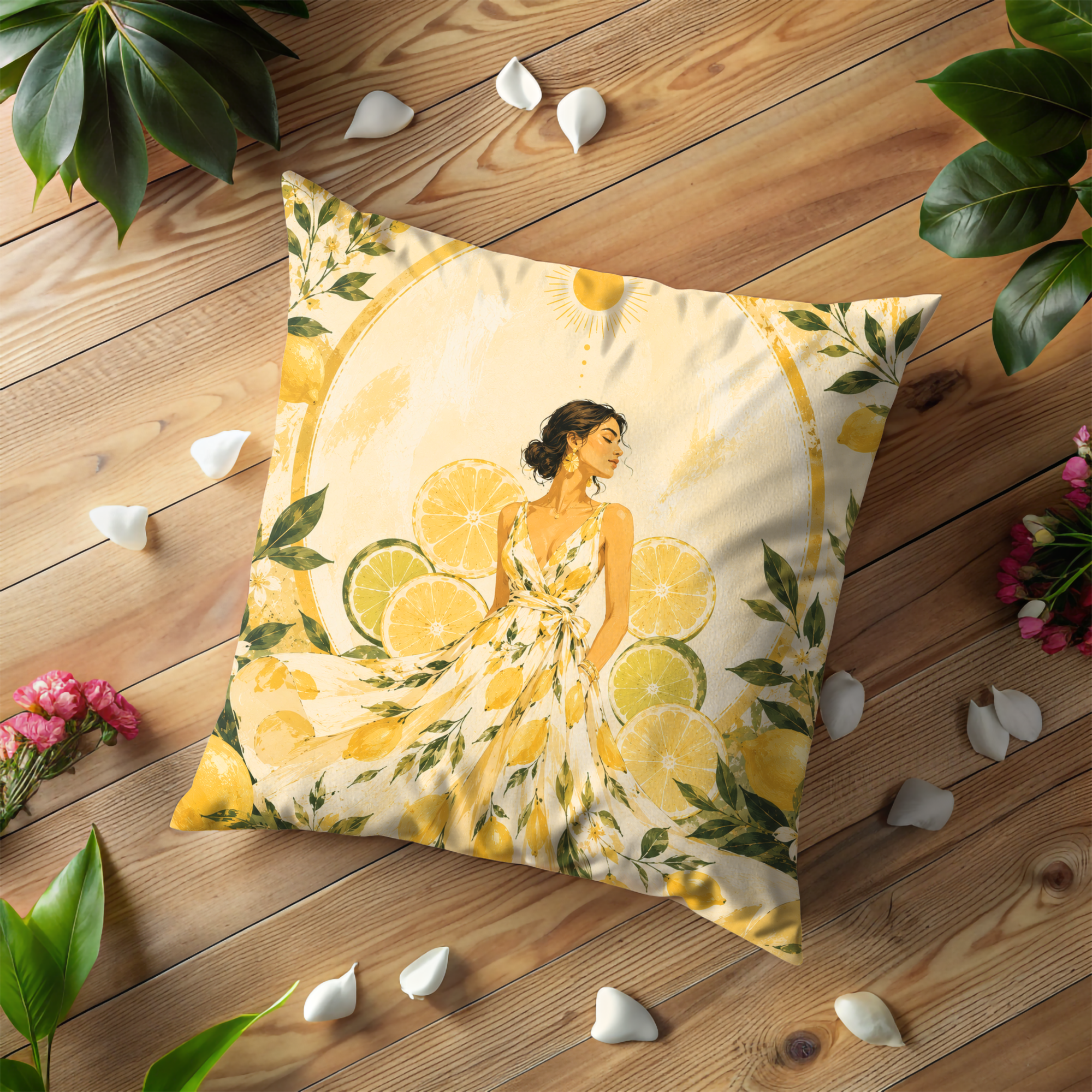 Lemon Grove Goddess Pillow Cover | Citrus Elegance Art | Gold Crackle Decor