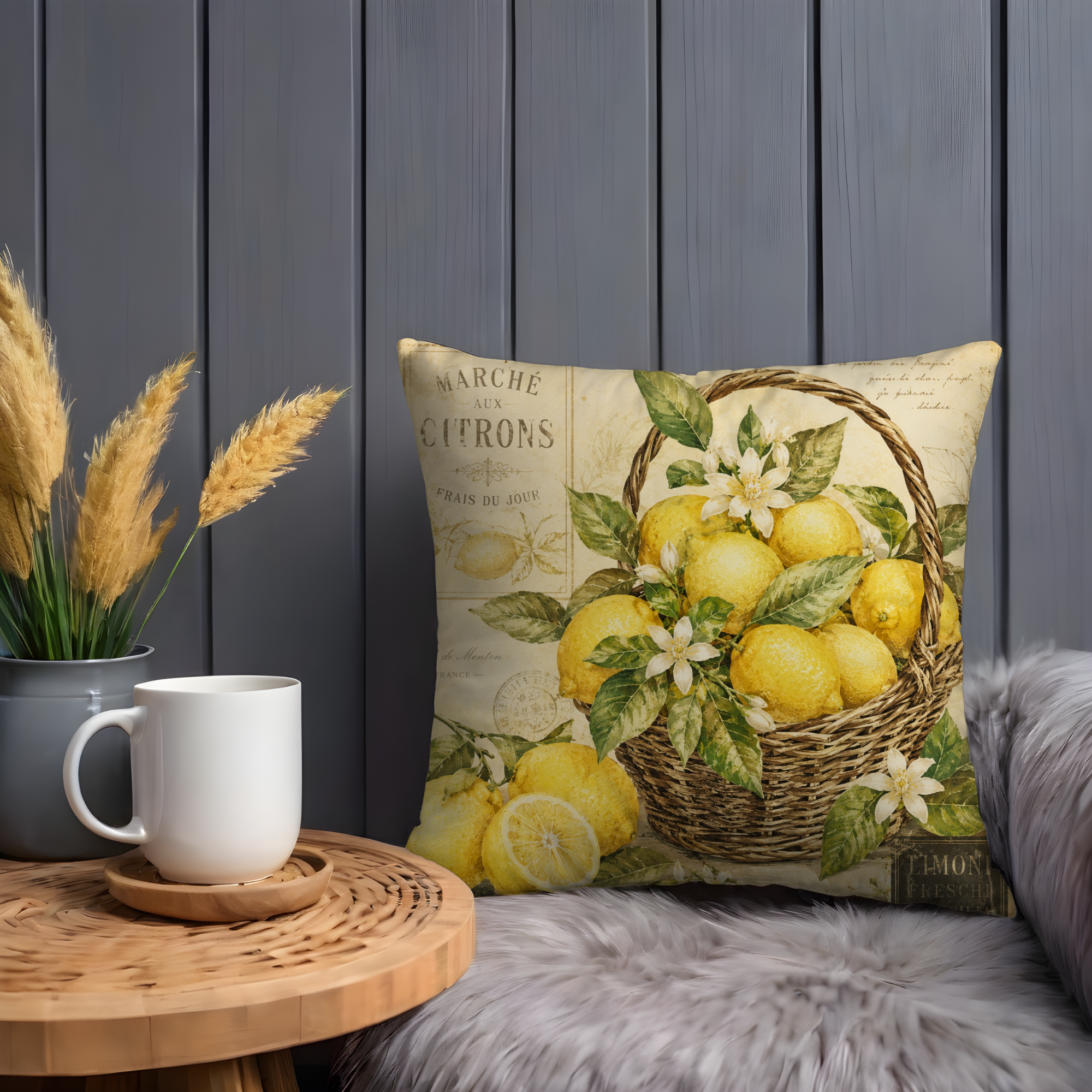 French Lemon Basket Pillow Cover | Vintage Market Art | Gold Crackle Decor