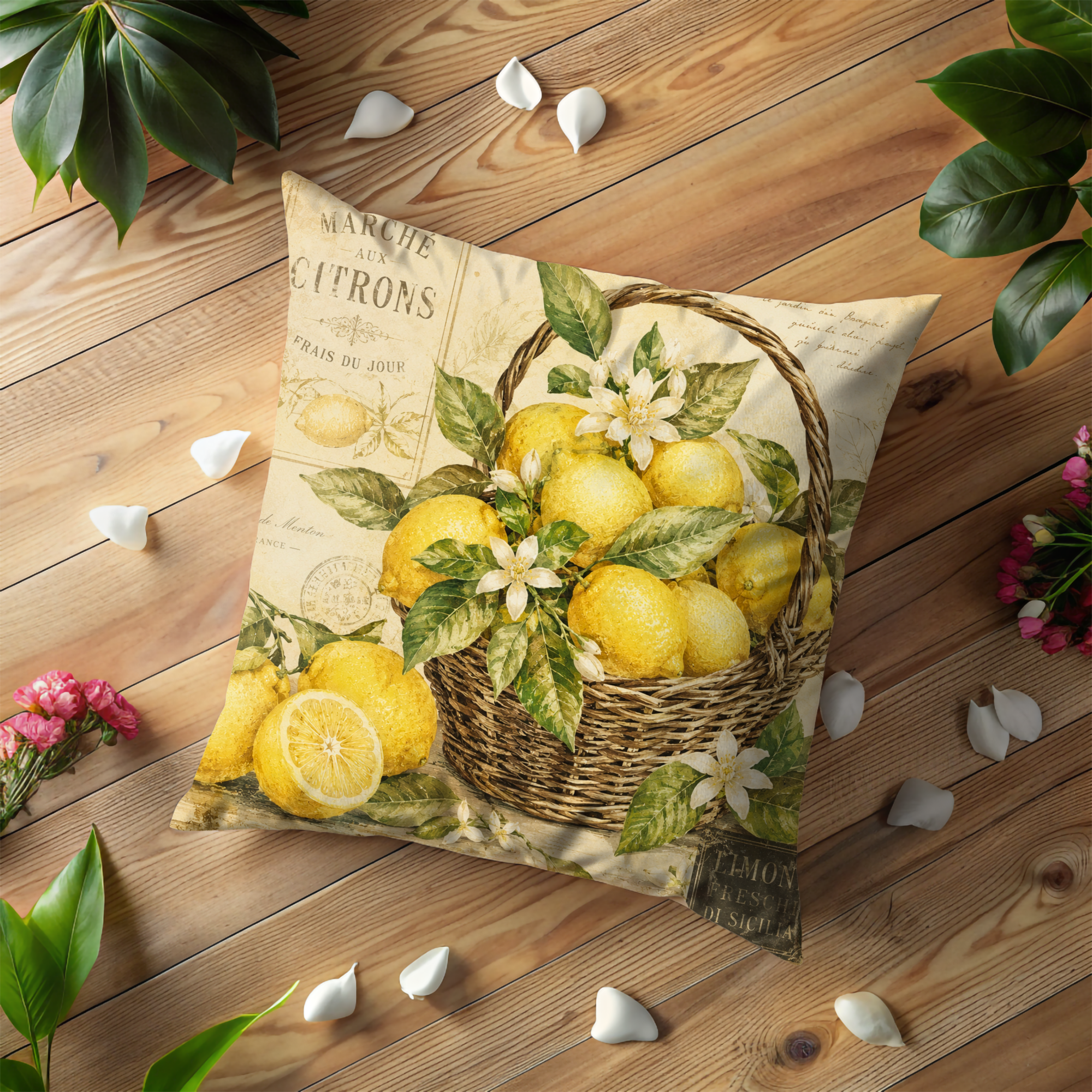 French Lemon Basket Pillow Cover | Vintage Market Art | Gold Crackle Decor