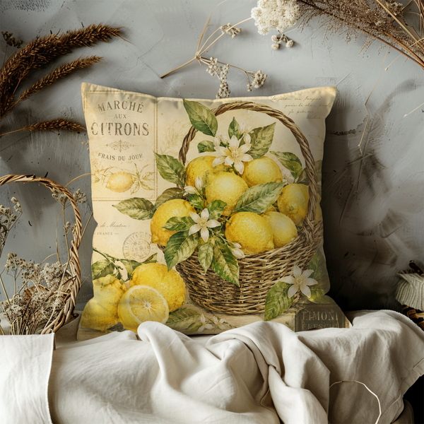 French Lemon Basket Pillow Cover – Vintage Market Art | Gold Crackle Decor
