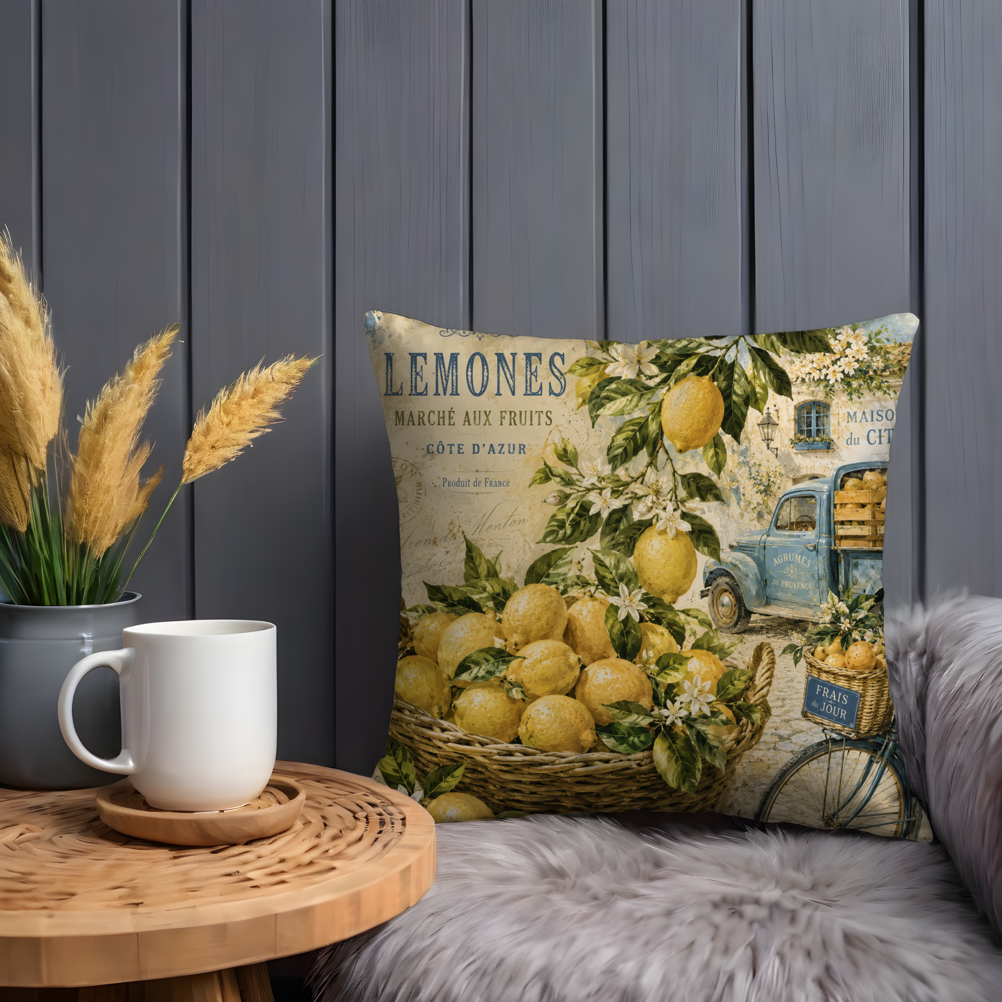 French Lemon Market Pillow Cover | Vintage Côte d'Azur Art | Gold Crackle Decor