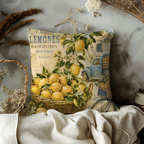 French Lemon Market Pillow Cover – Vintage Côte d'Azur Art | Gold Crackle Decor