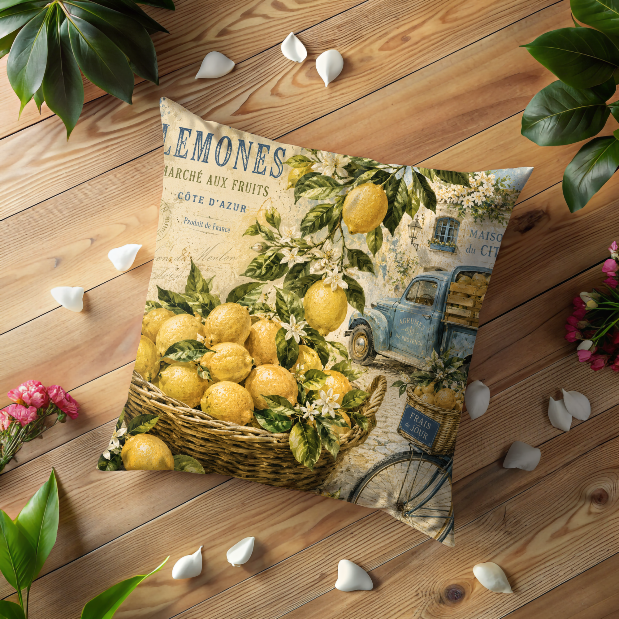 French Lemon Market Pillow Cover | Vintage Côte d'Azur Art | Gold Crackle Decor