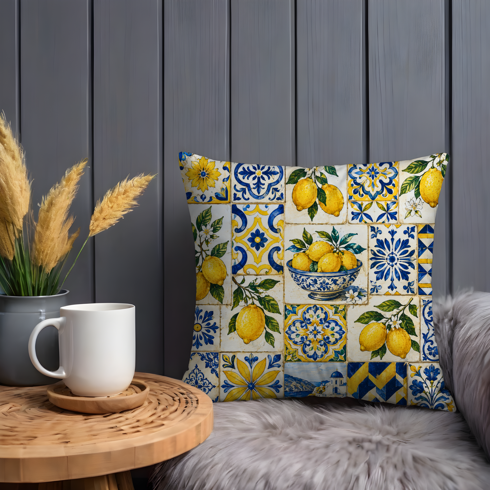 Mediterranean Lemon Tile Pillow Cover | Sicilian Ceramic Art | Gold Crackle Decor