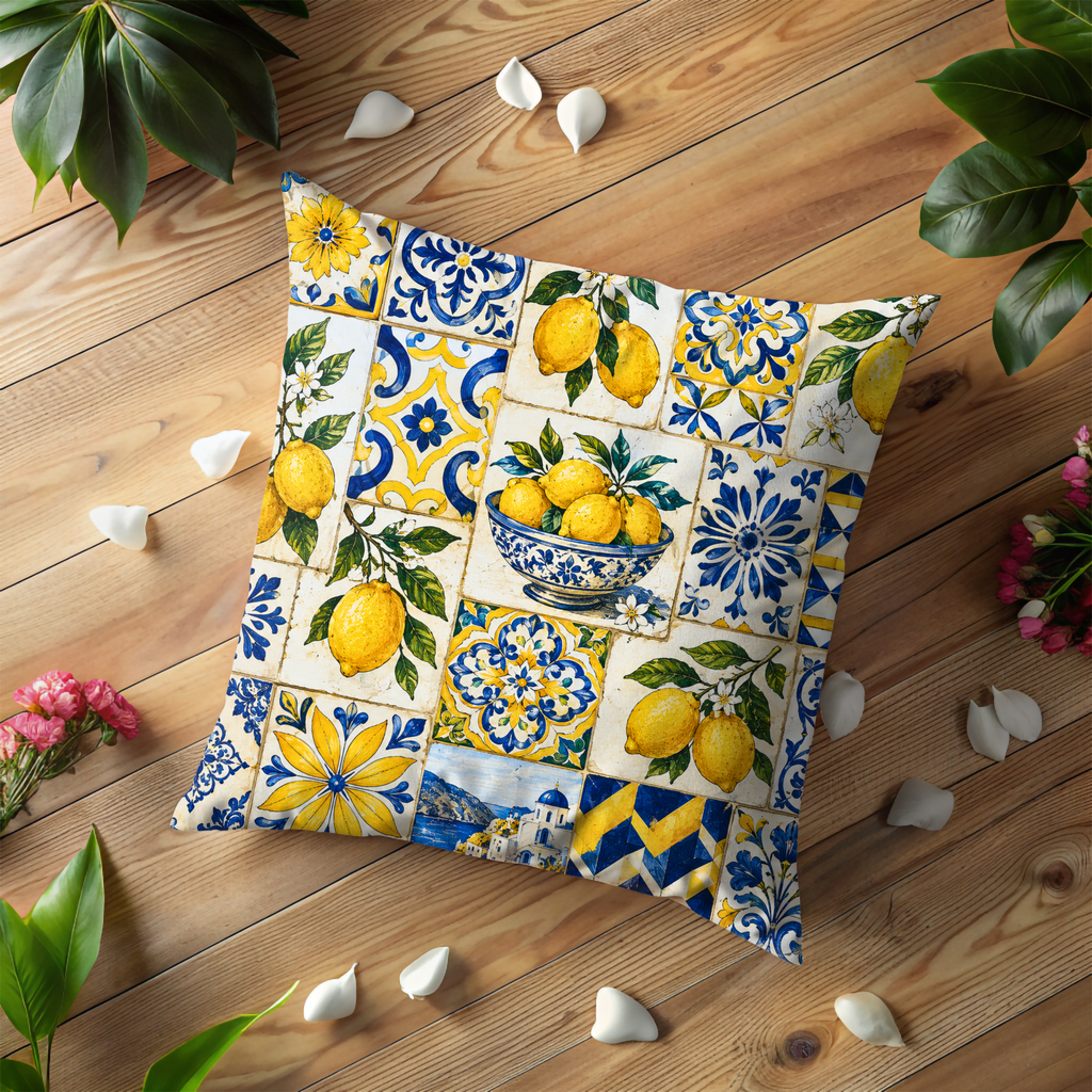 Mediterranean Lemon Tile Pillow Cover | Sicilian Ceramic Art | Gold Crackle Decor