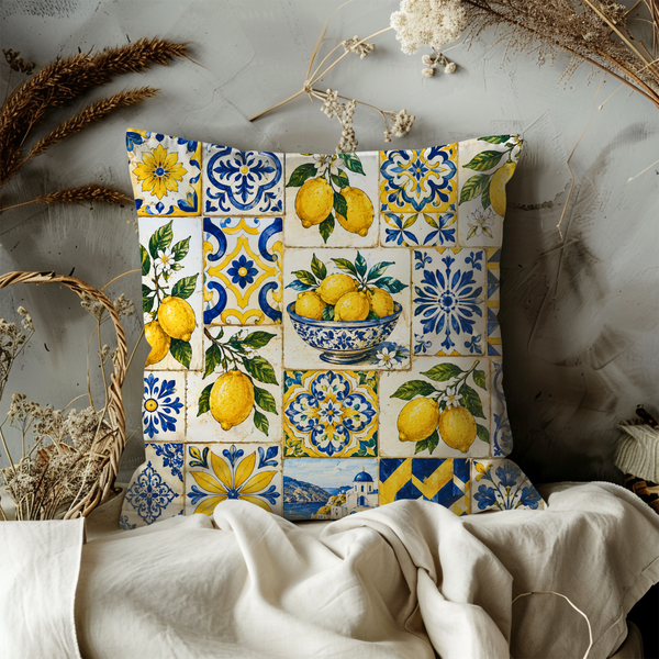 Mediterranean Lemon Tile Pillow Cover – Sicilian Ceramic Art | Gold Crackle Decor