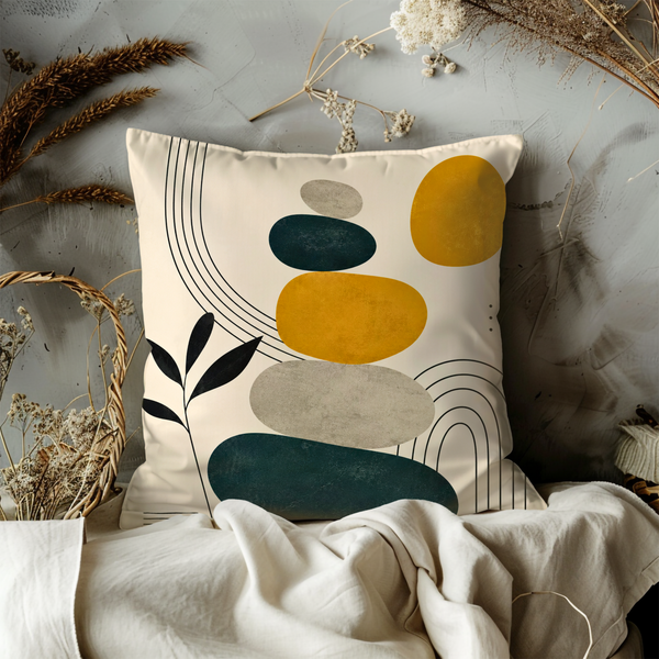 Minimalist Stacked Stones Pillow Cover – Abstract Boho Art | Gold Crackle Decor