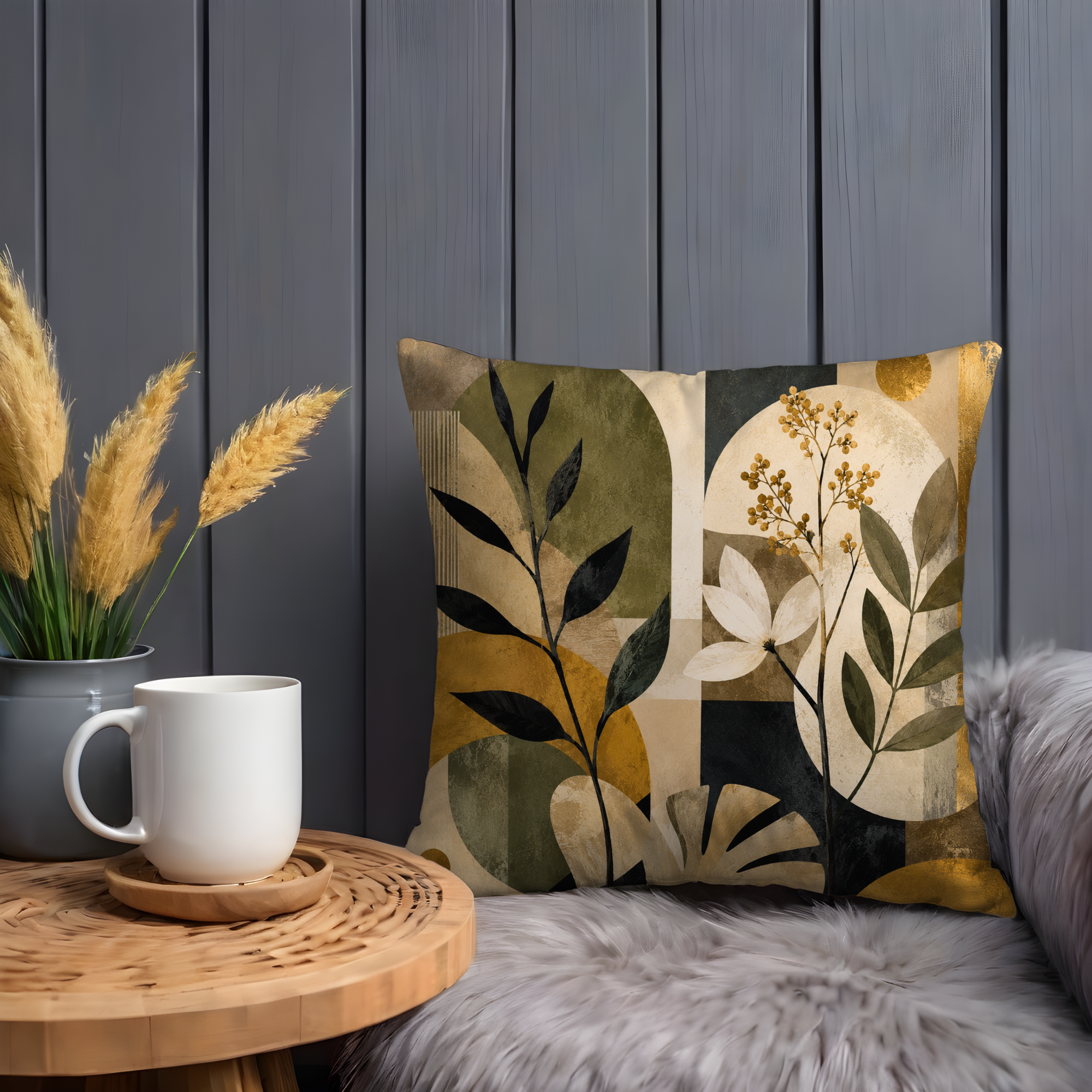 Abstract Botanical Pillow Cover | Modern Leaf Art | Gold Crackle Decor