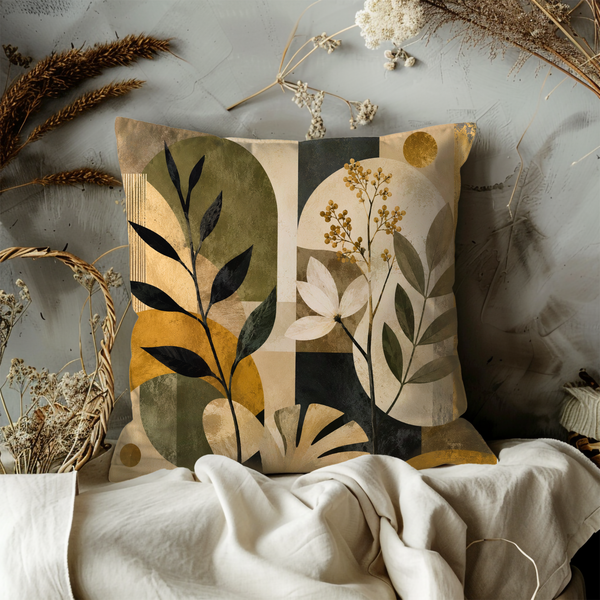 Abstract Botanical Pillow Cover – Modern Leaf Art | Gold Crackle Decor