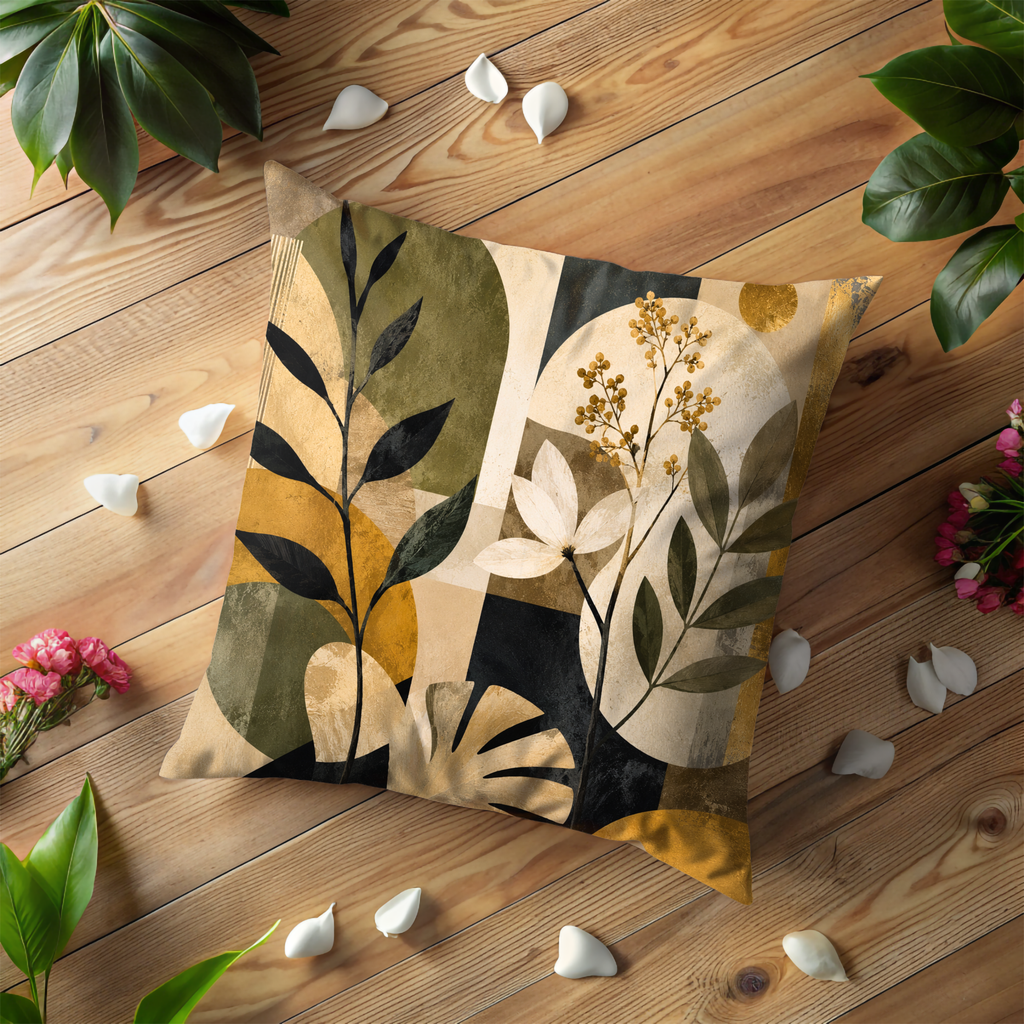 Abstract Botanical Pillow Cover | Modern Leaf Art | Gold Crackle Decor