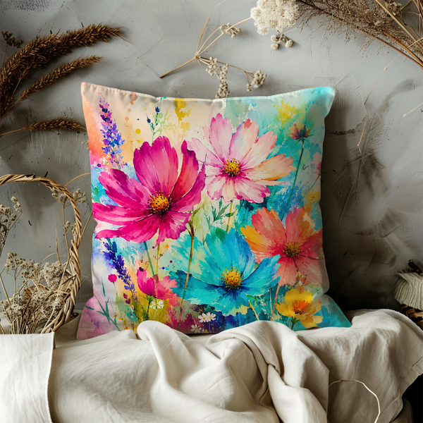Colorful Cosmos Pillow Cover – Vibrant Watercolor Art | Gold Crackle Decor