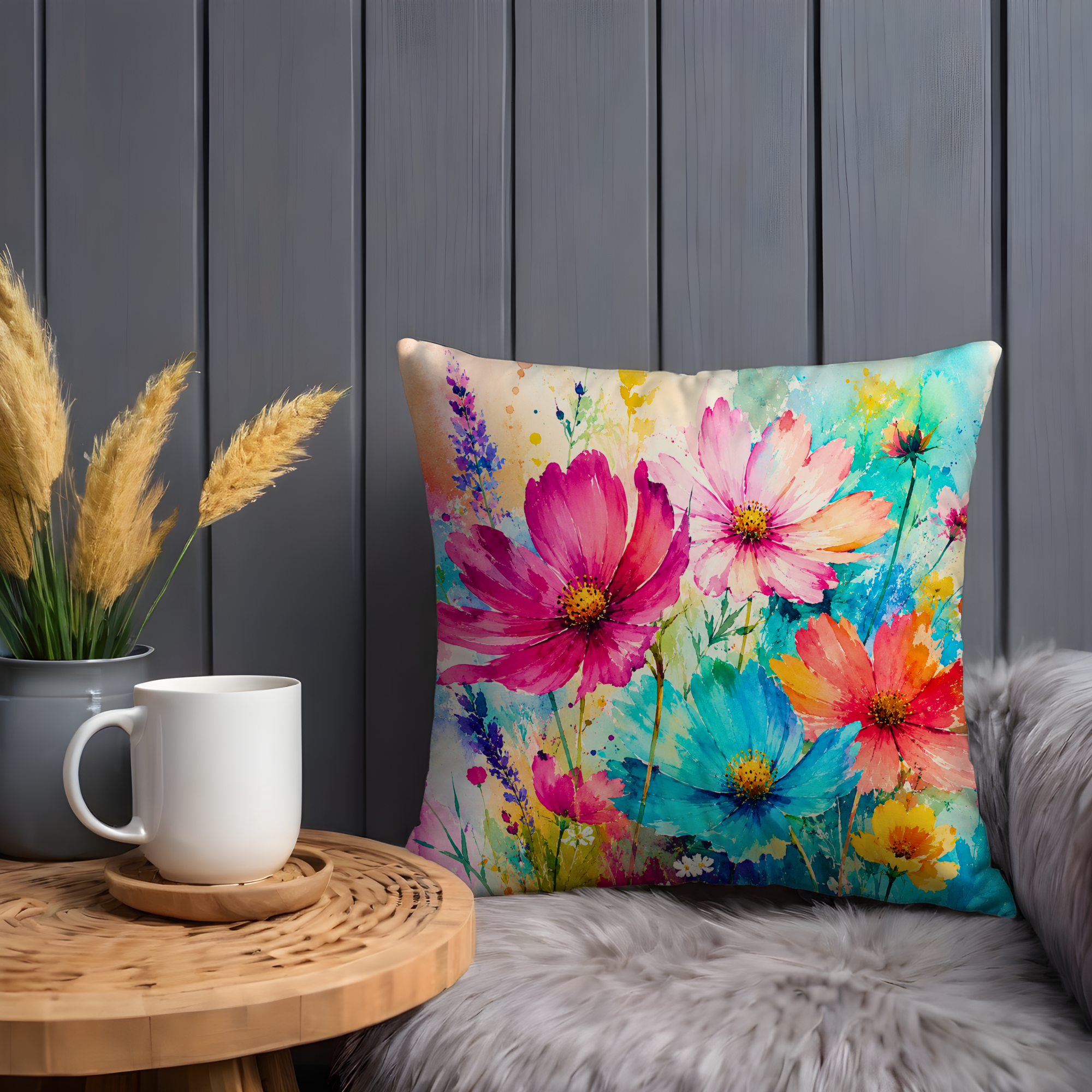 Colorful Cosmos Pillow Cover | Vibrant Watercolor Art | Gold Crackle Decor