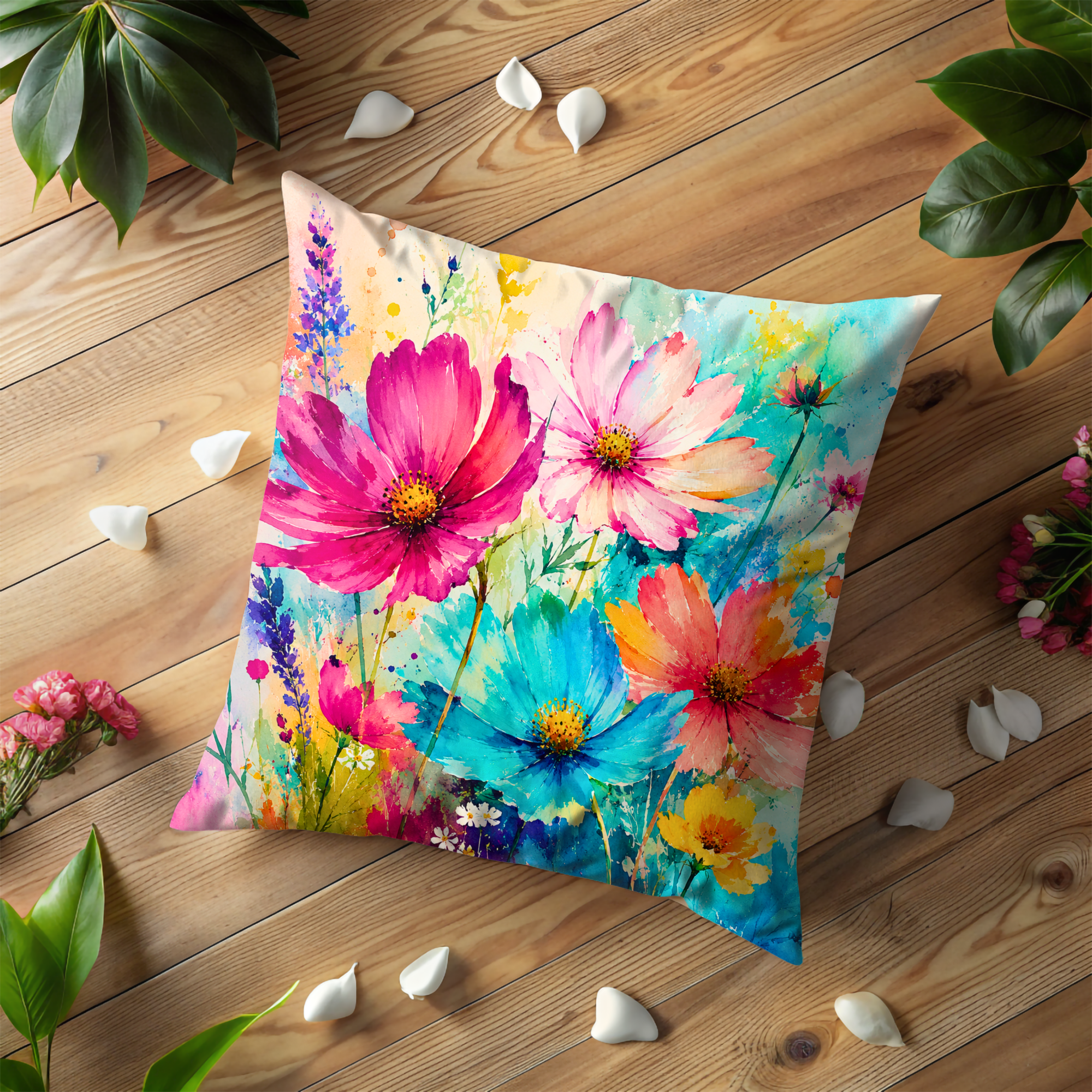 Colorful Cosmos Pillow Cover | Vibrant Watercolor Art | Gold Crackle Decor