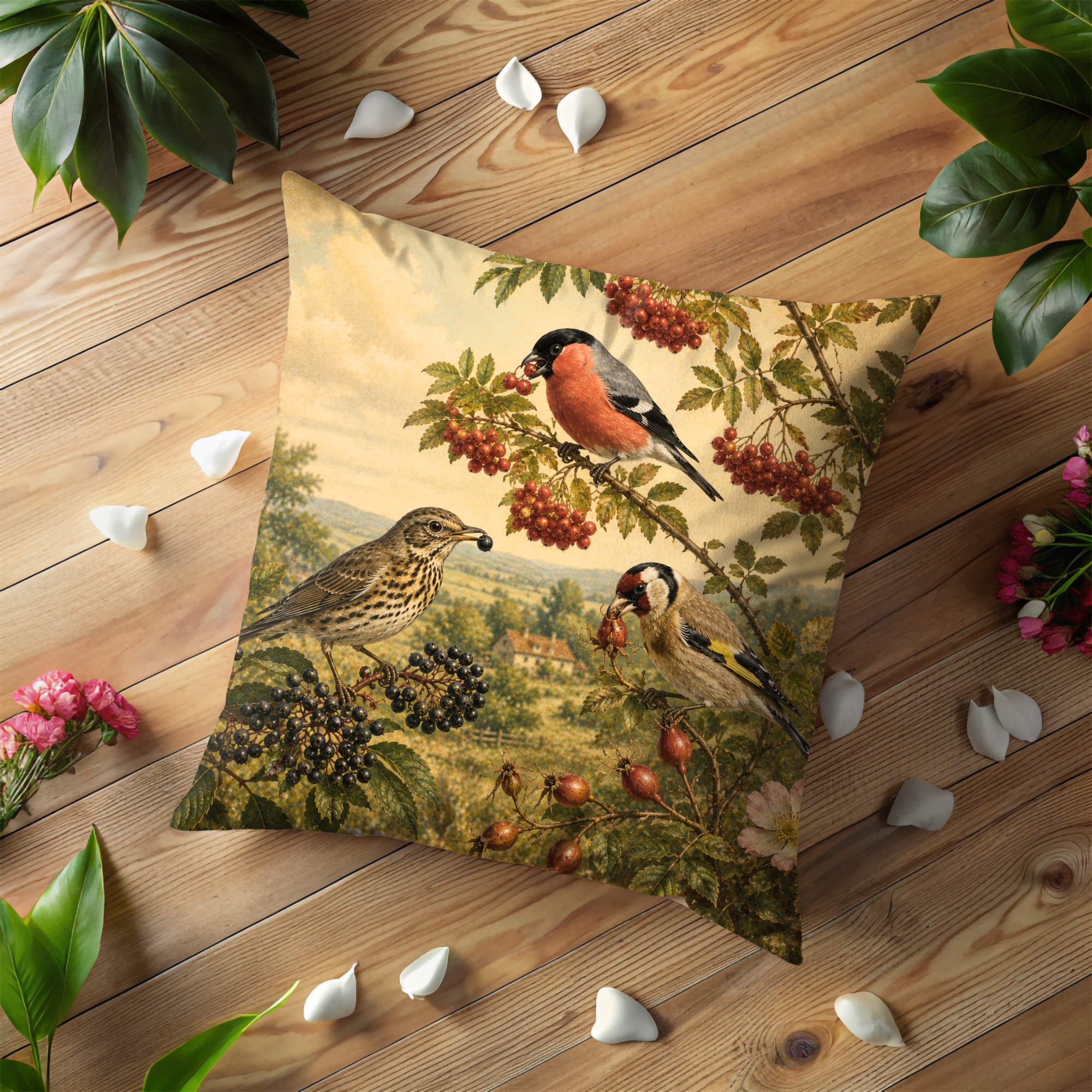 Countryside Birds Pillow Cover | Vintage Wildlife Art | Gold Crackle Decor