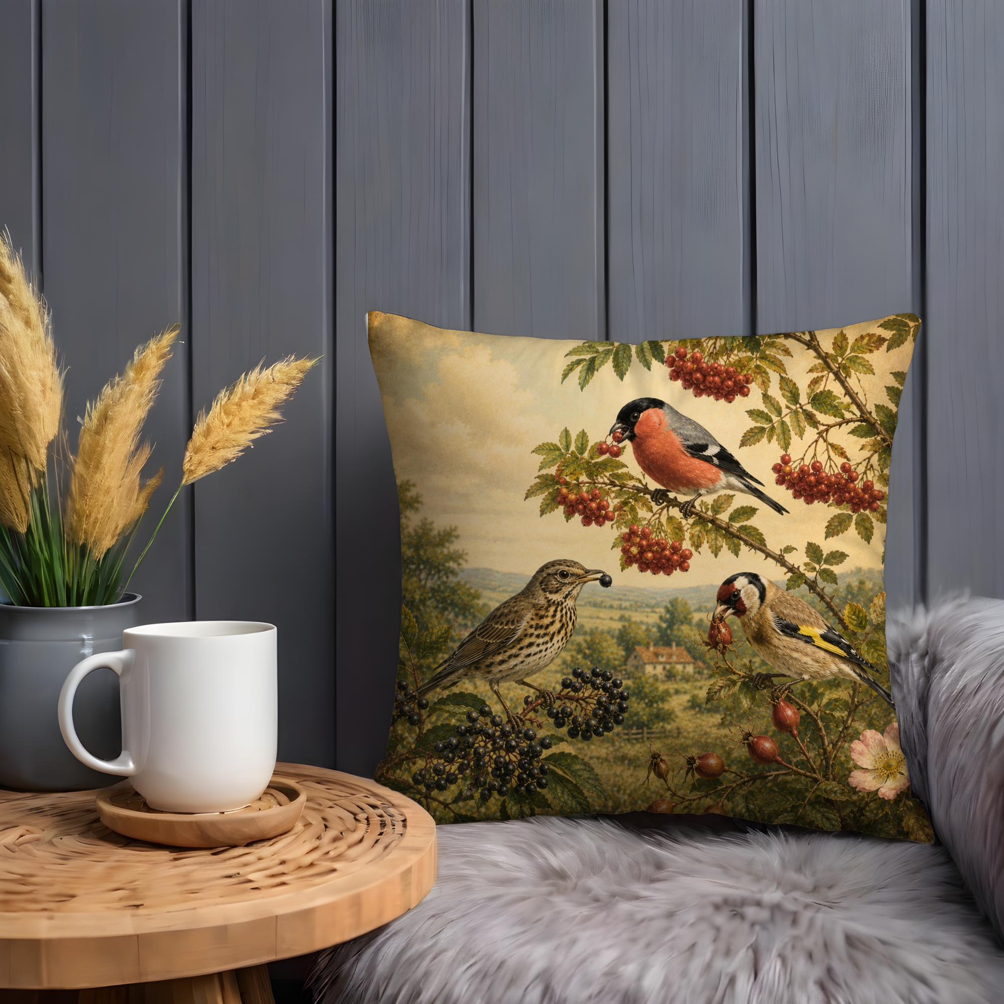Countryside Birds Pillow Cover | Vintage Wildlife Art | Gold Crackle Decor