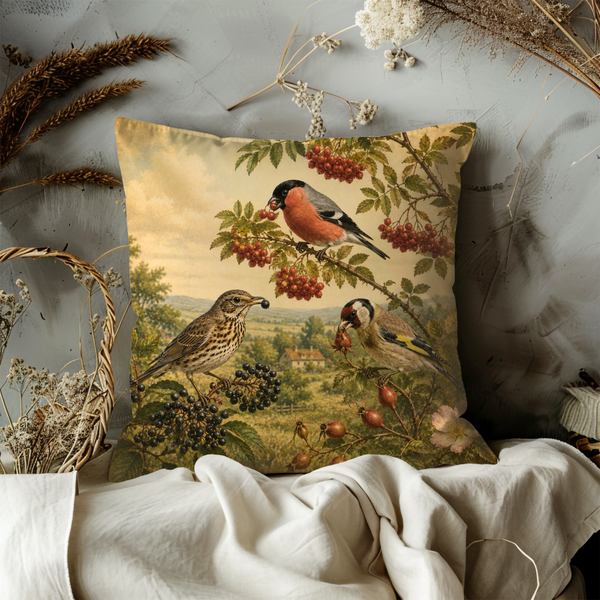 Countryside Birds Pillow Cover – Vintage Wildlife Art | Gold Crackle Decor
