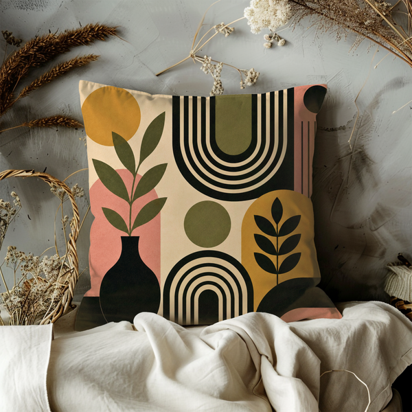 Modern Geometric Leaf Pillow Cover – Abstract Boho Art | Gold Crackle Decor