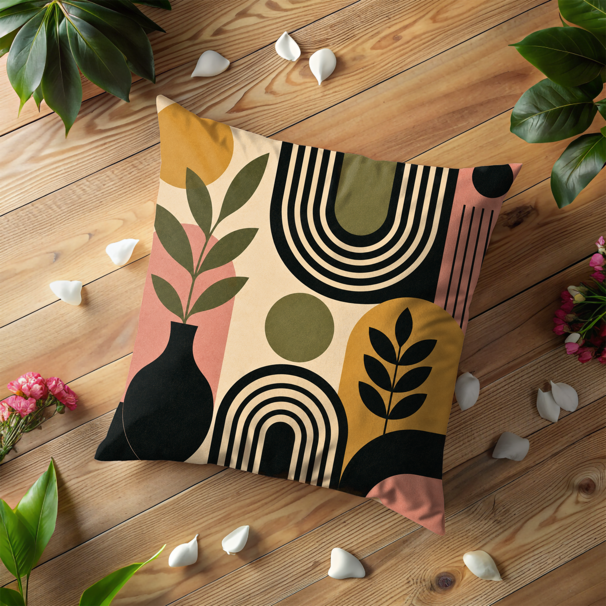 Modern Geometric Leaf Pillow Cover | Abstract Boho Art | Gold Crackle Decor