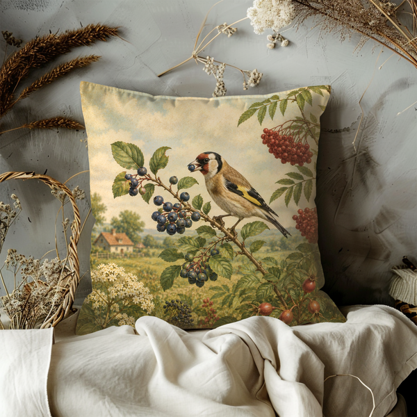 Goldfinch Berry Pillow Cover – Vintage Wildlife Art | Gold Crackle Decor