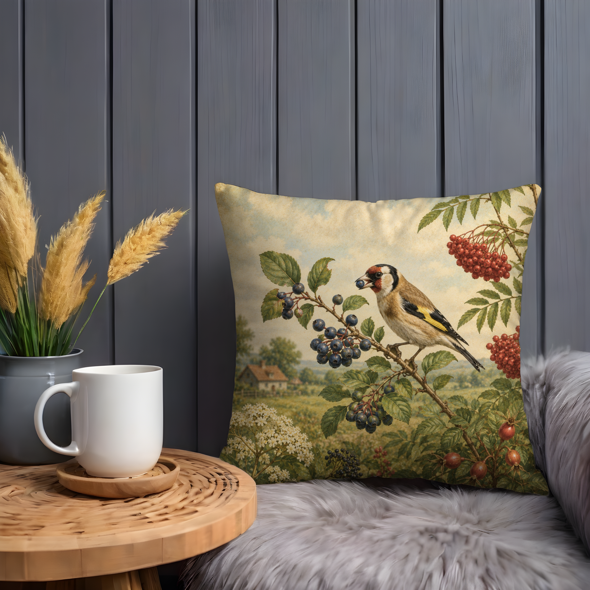 Goldfinch Berry Pillow Cover | Vintage Wildlife Art | Gold Crackle Decor