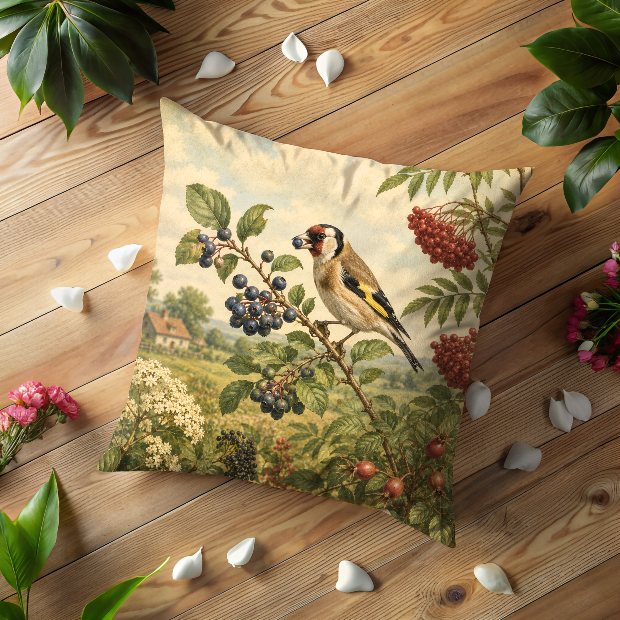 Goldfinch Berry Pillow Cover | Vintage Wildlife Art | Gold Crackle Decor
