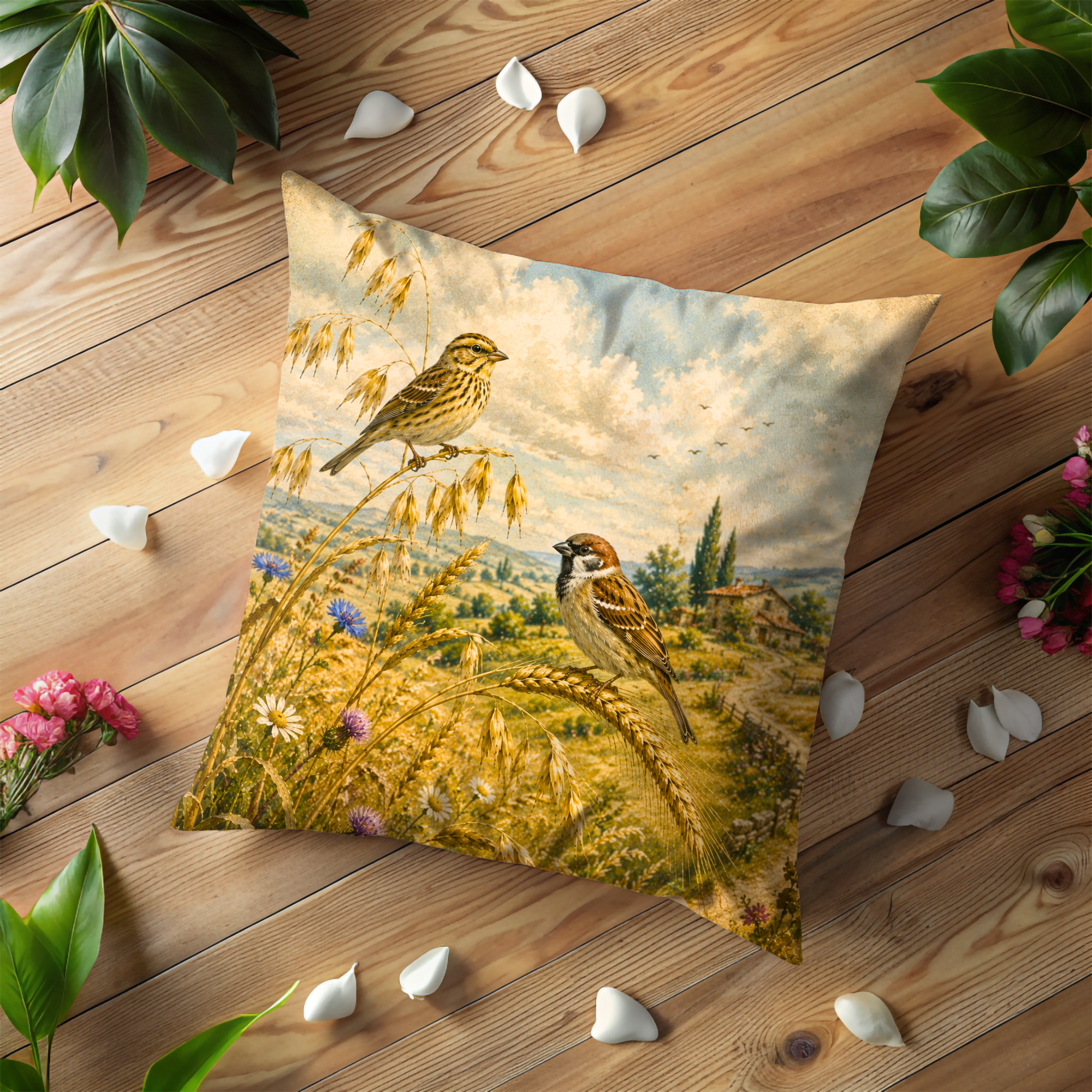 Countryside Sparrow Pillow Cover | Vintage Wildlife Art | Gold Crackle Decor
