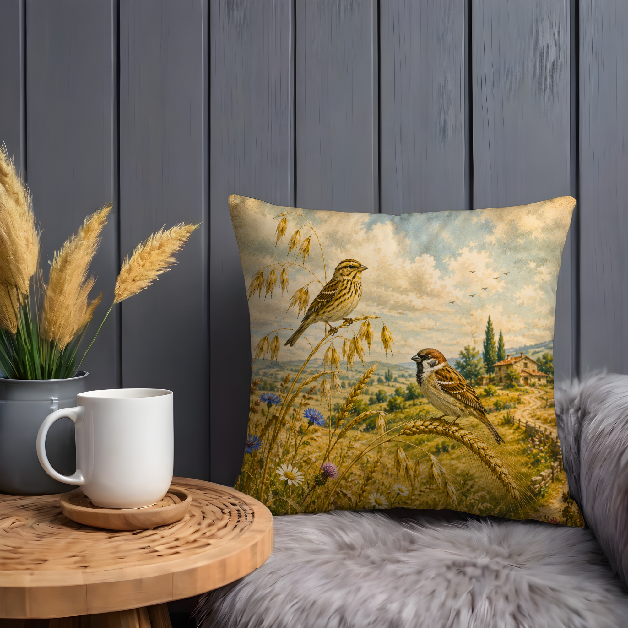 Countryside Sparrow Pillow Cover | Vintage Wildlife Art | Gold Crackle Decor