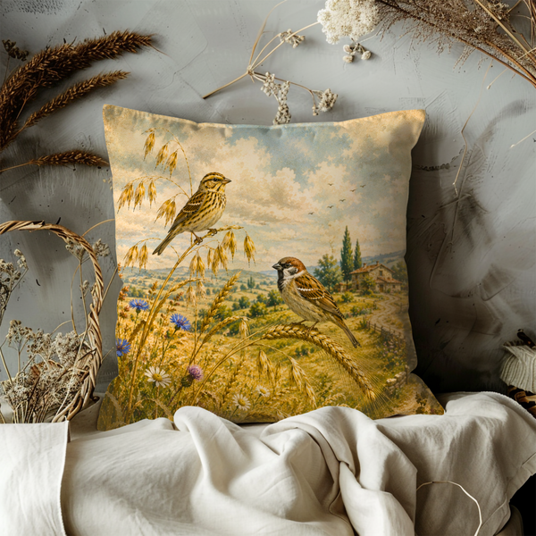 Countryside Sparrow Pillow Cover – Vintage Wildlife Art | Gold Crackle Decor