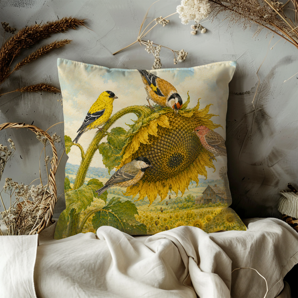 Sunflower Birds Pillow Cover – Garden Wildlife Art | Gold Crackle Decor