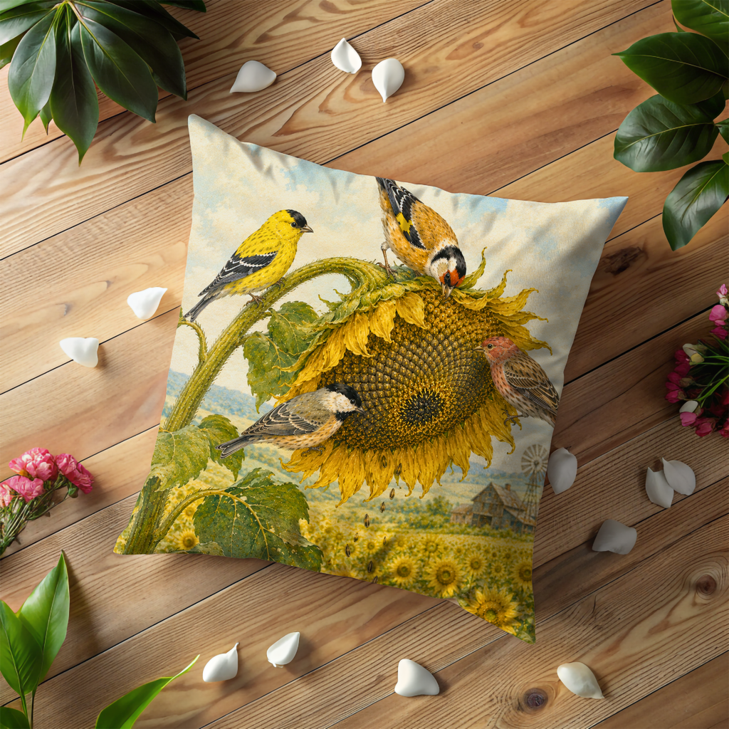Sunflower Birds Pillow Cover | Garden Wildlife Art | Gold Crackle Decor