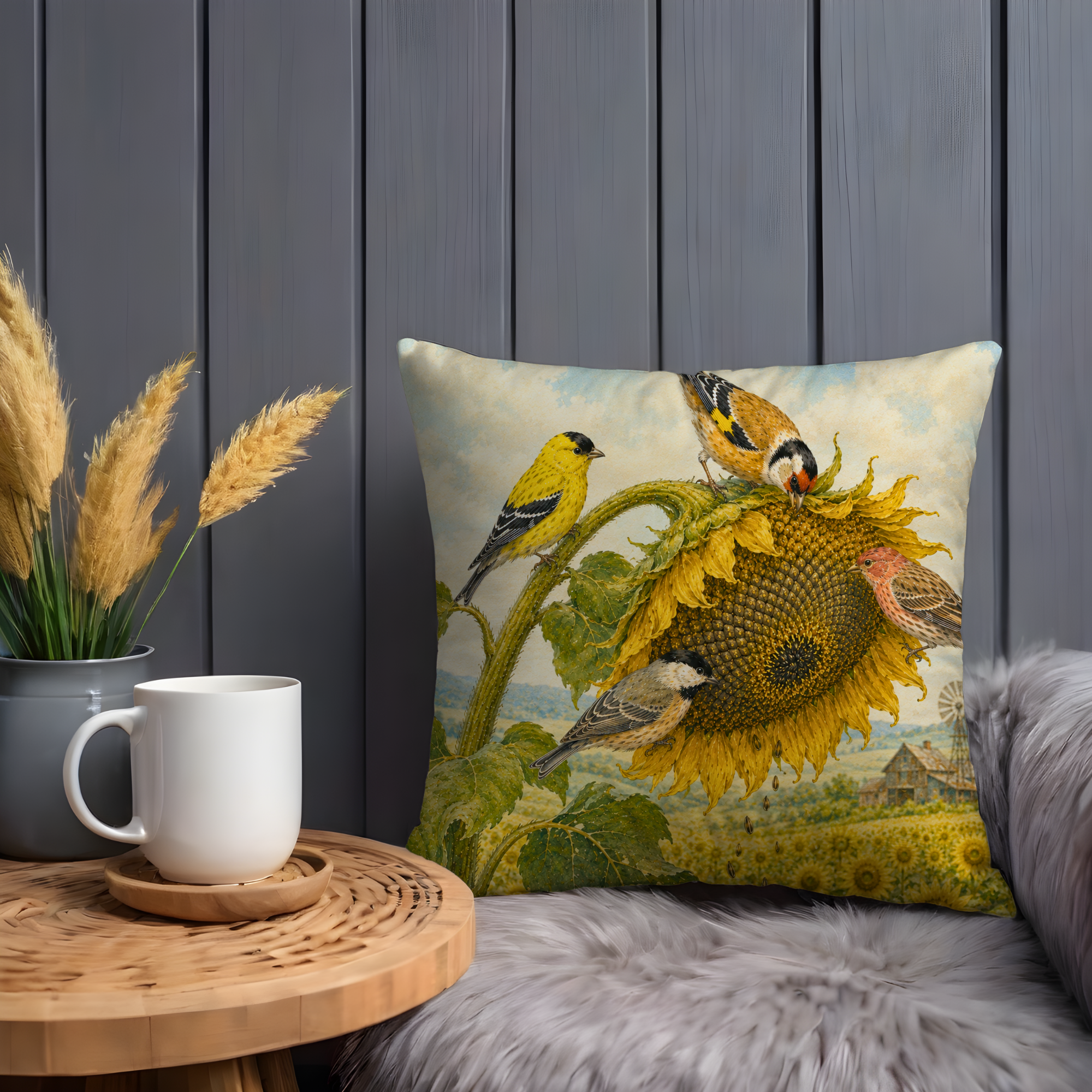 Sunflower Birds Pillow Cover | Garden Wildlife Art | Gold Crackle Decor