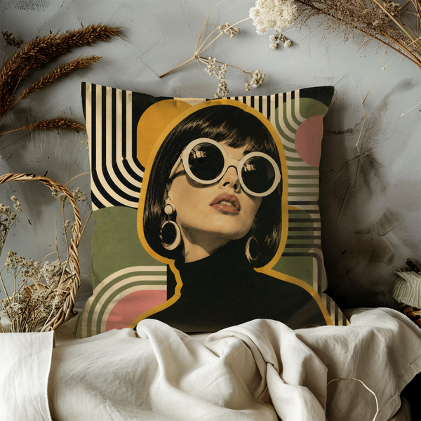 Retro Sunglasses Woman Pillow Cover – Geometric Pop Art | Gold Crackle Decor