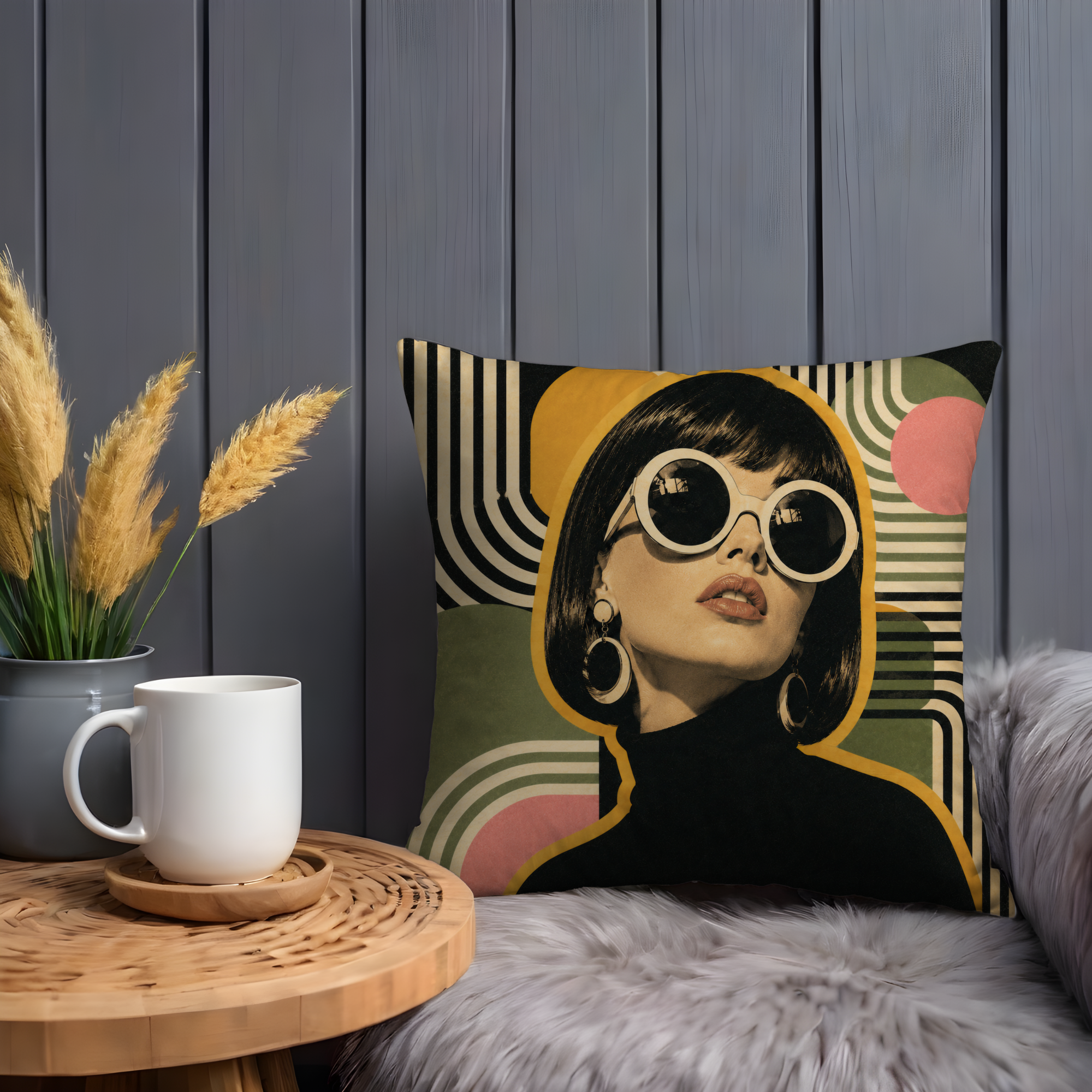 Retro Sunglasses Woman Pillow Cover | Geometric Pop Art | Gold Crackle Decor