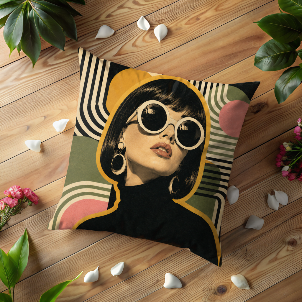Retro Sunglasses Woman Pillow Cover | Geometric Pop Art | Gold Crackle Decor