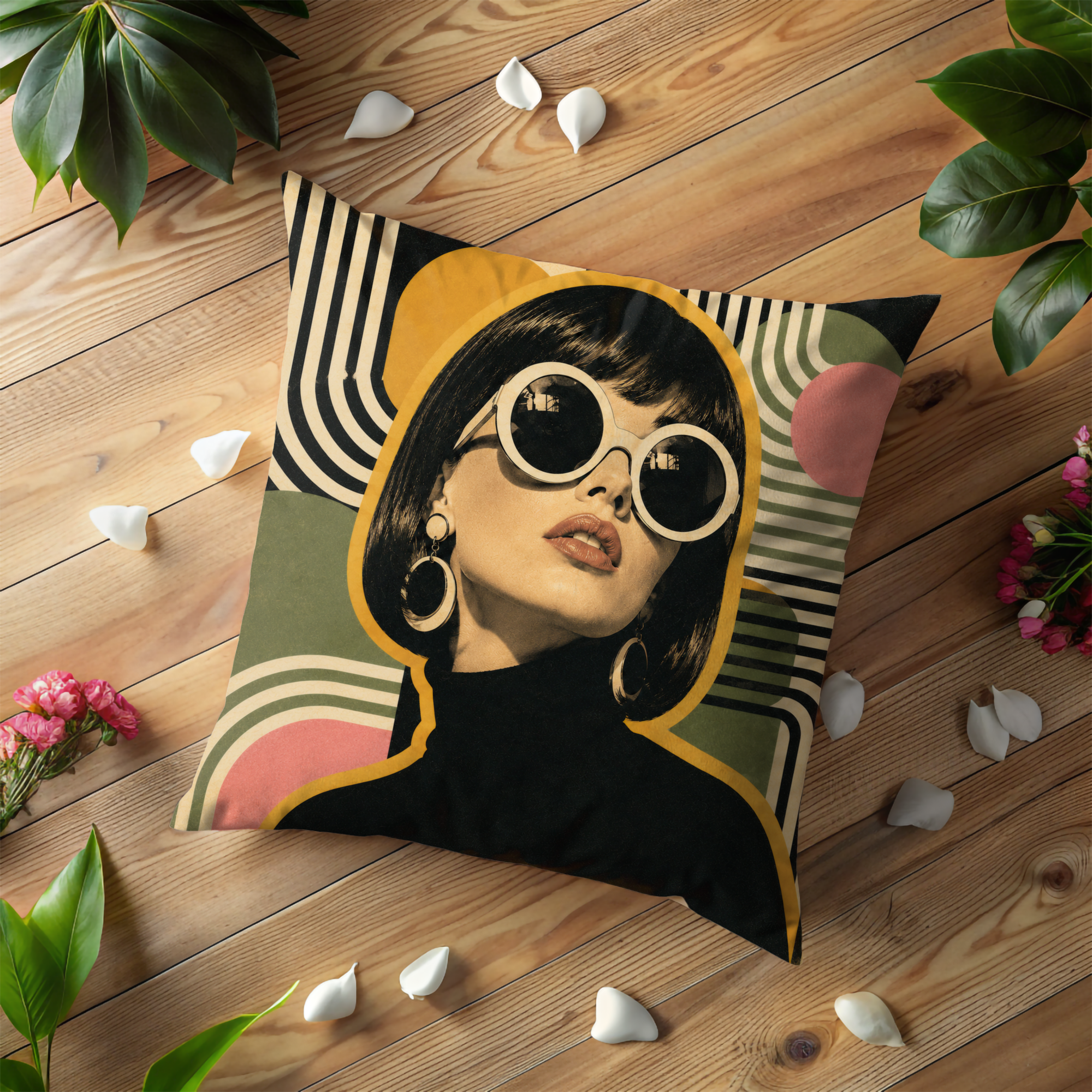 Retro Sunglasses Woman Pillow Cover | Geometric Pop Art | Gold Crackle Decor