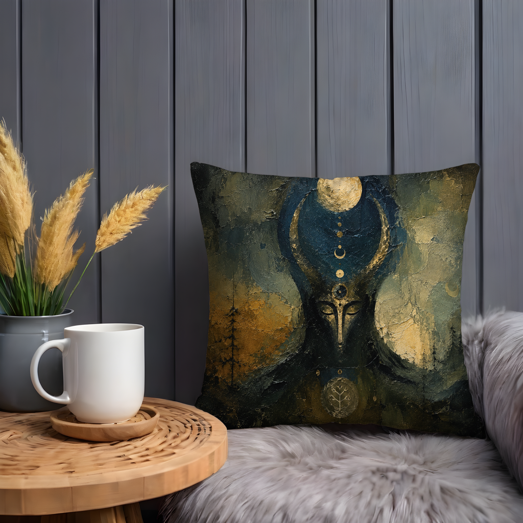 Horned Goddess Pillow Cover Pagan Throw Pillow Moon Phase Decor Witchy Impasto Art Gift for Her