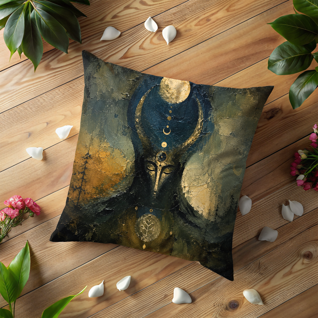 Horned Goddess Pillow Cover Pagan Throw Pillow Moon Phase Decor Witchy Impasto Art Gift for Her