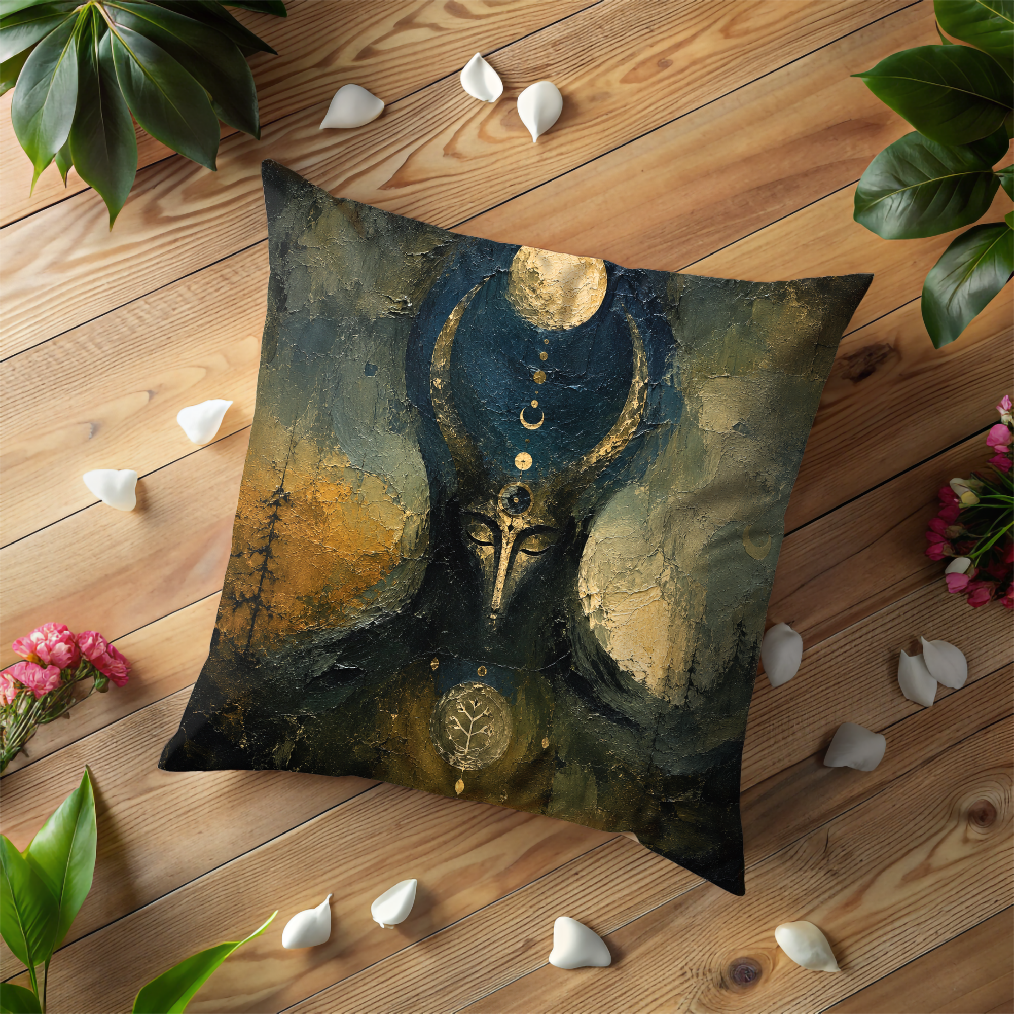 Horned Goddess Pillow Cover Pagan Throw Pillow Moon Phase Decor Witchy Impasto Art Gift for Her