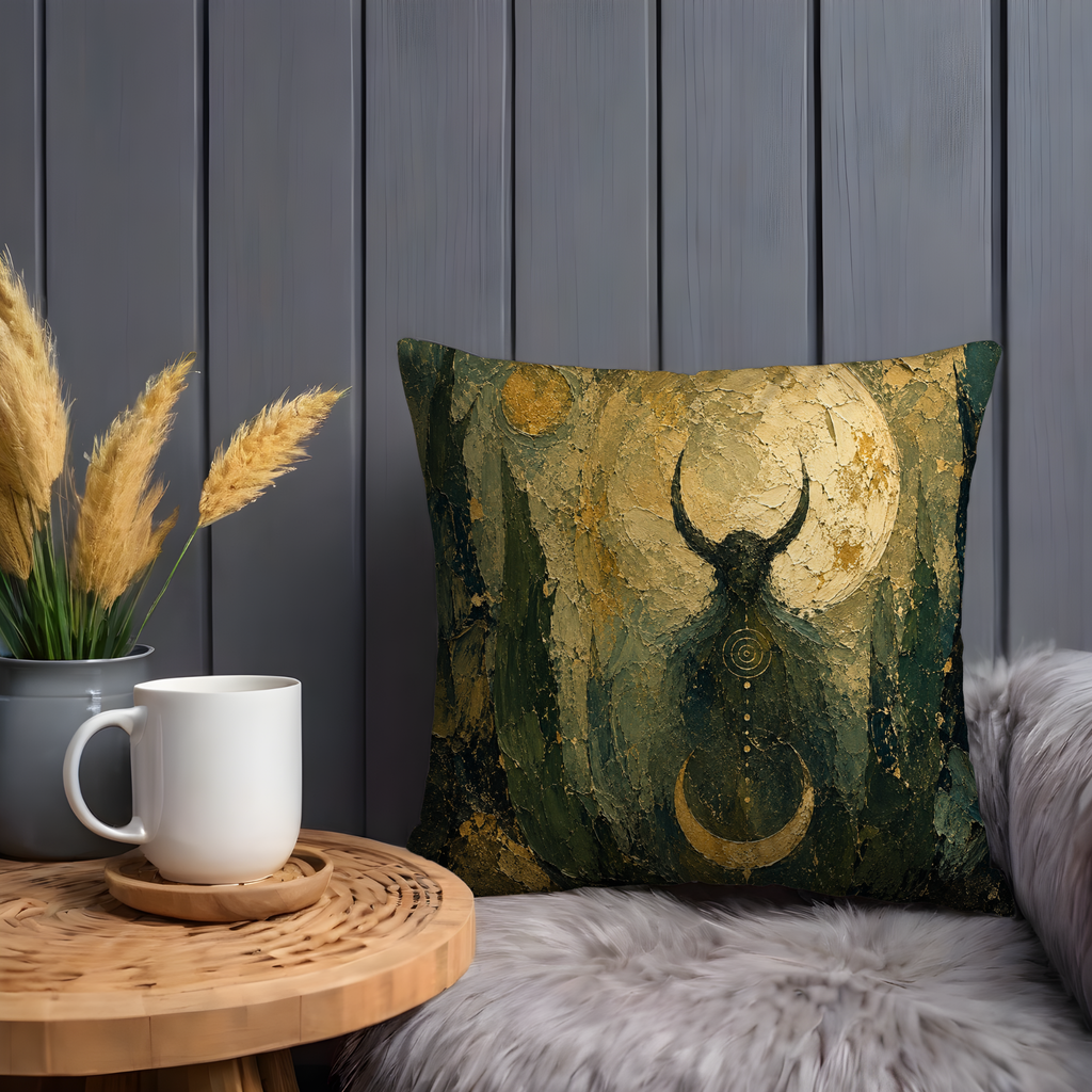 Mystical Horned Moon Pillow Cover | Pagan Spiritual Art | Gold Crackle Decor