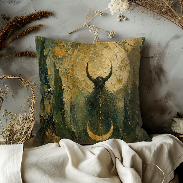 Mystical Horned Moon Pillow Cover – Pagan Spiritual Art | Gold Crackle Decor