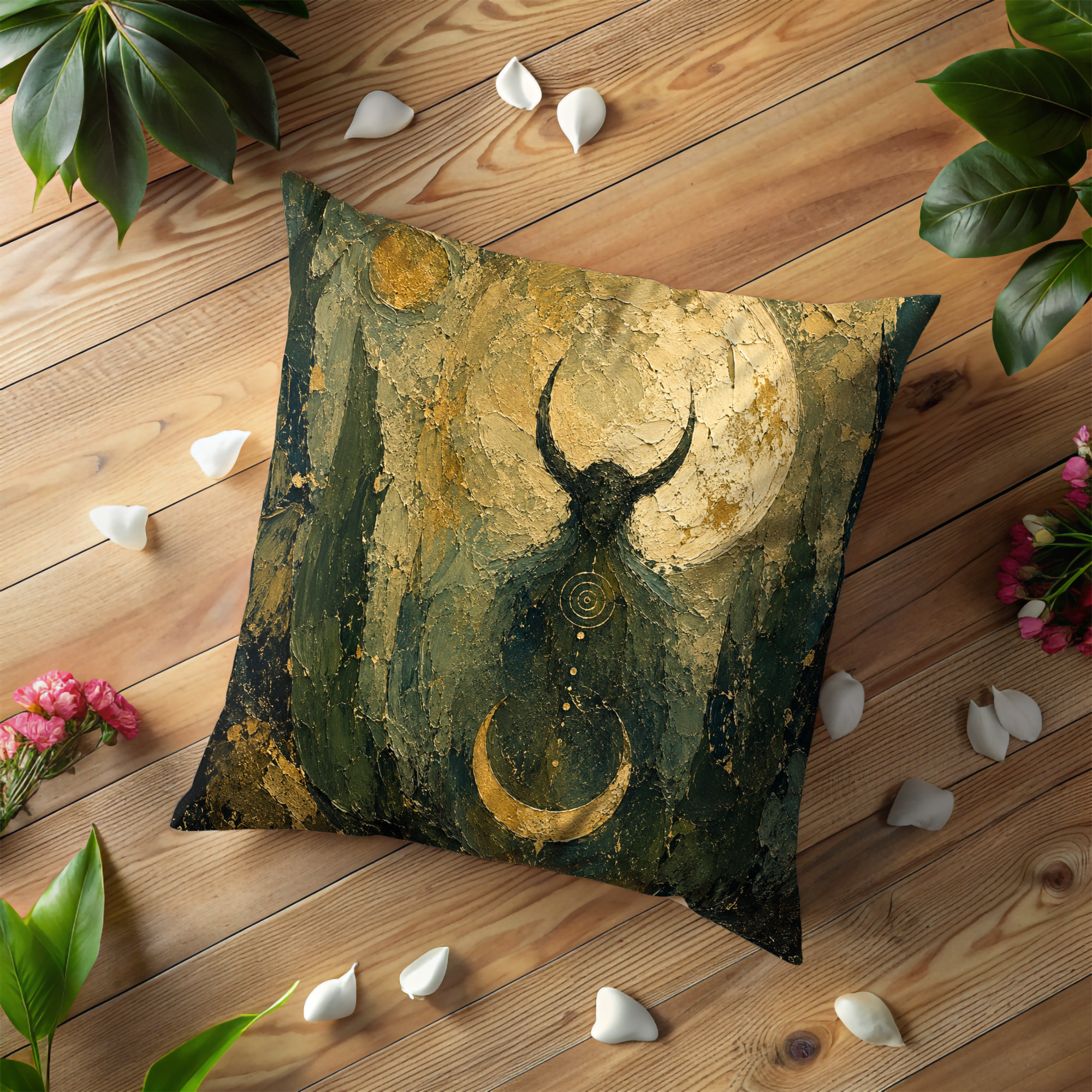 Mystical Horned Moon Pillow Cover | Pagan Spiritual Art | Gold Crackle Decor